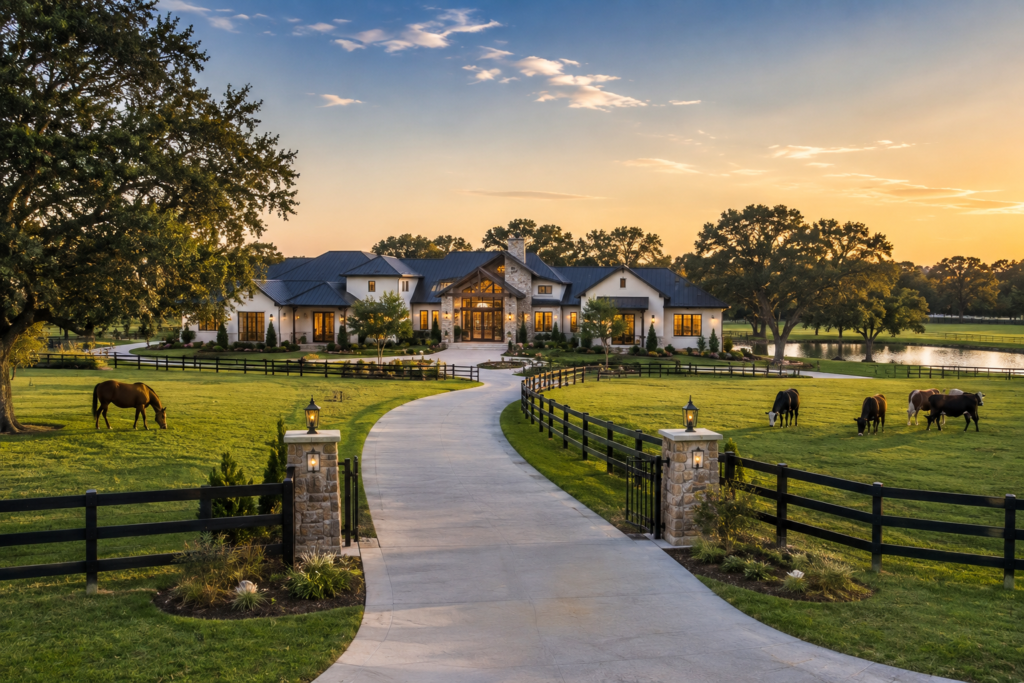 A ranch estate at dusk with horses and cattle grazing behind black board fencing