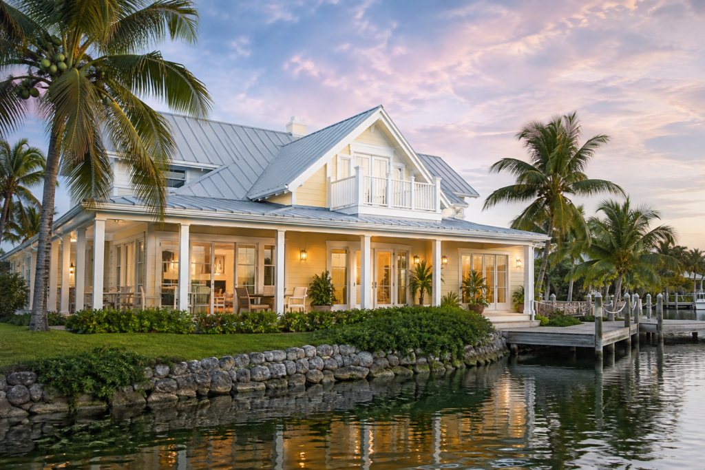 A coastal cottage with a wraparound porch and a private dock at dusk