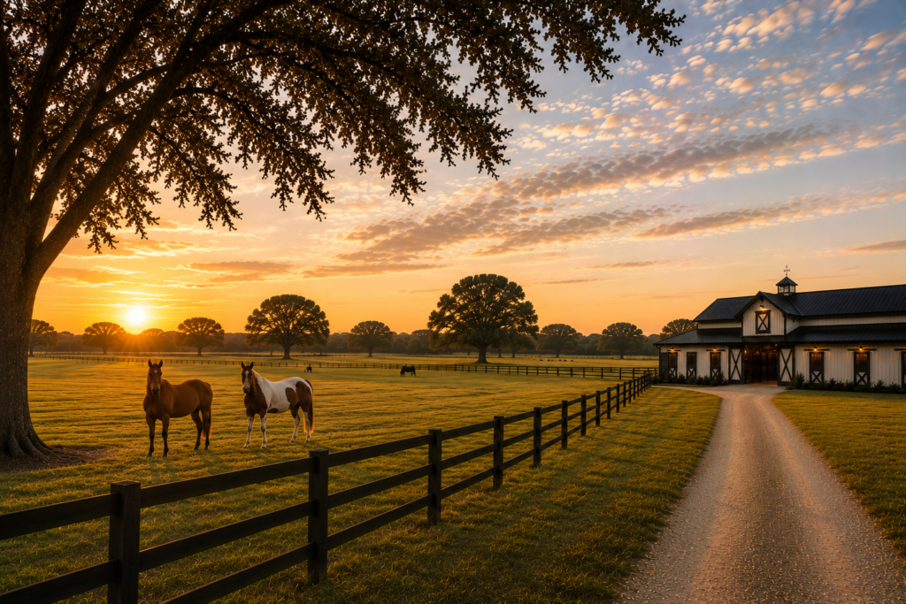 A stable with a gravel drive and board fencing, horses grazing in the pasture at sunset